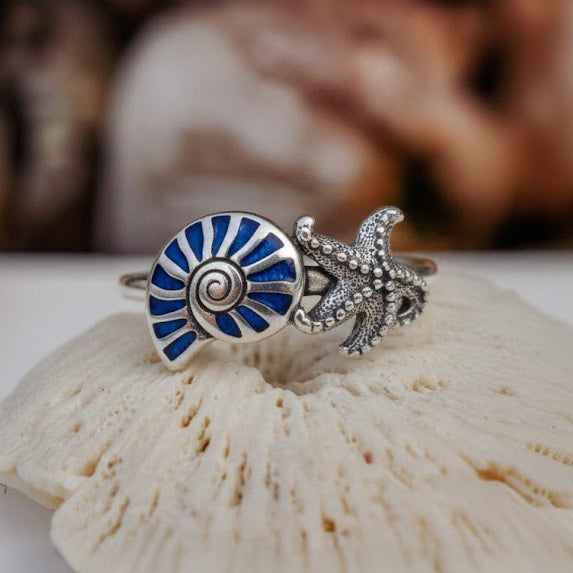 Nautilus Shell and Starfish Sterling Silver Ring with Paua Inlay TRI2585*