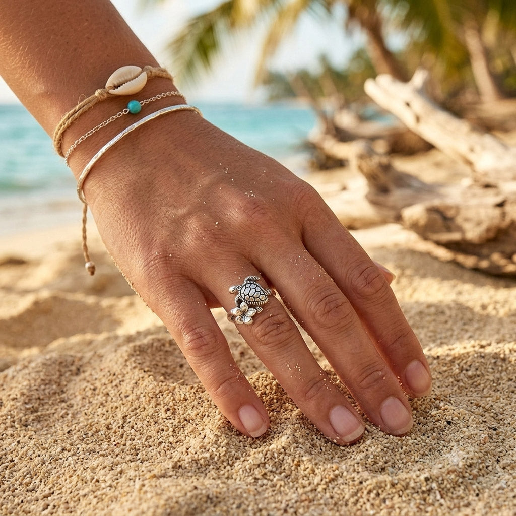 Turtle and Flower Sterling Silver Ring TRI2619