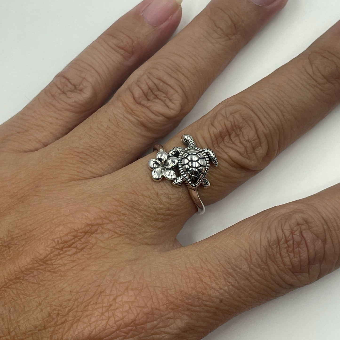 Turtle and Flower Sterling Silver Ring TRI2619