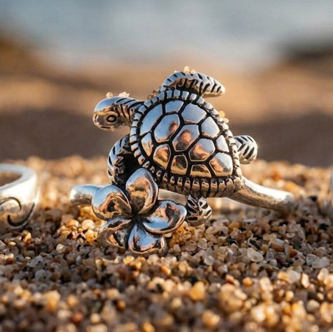 Turtle and Flower Sterling Silver Ring TRI2619