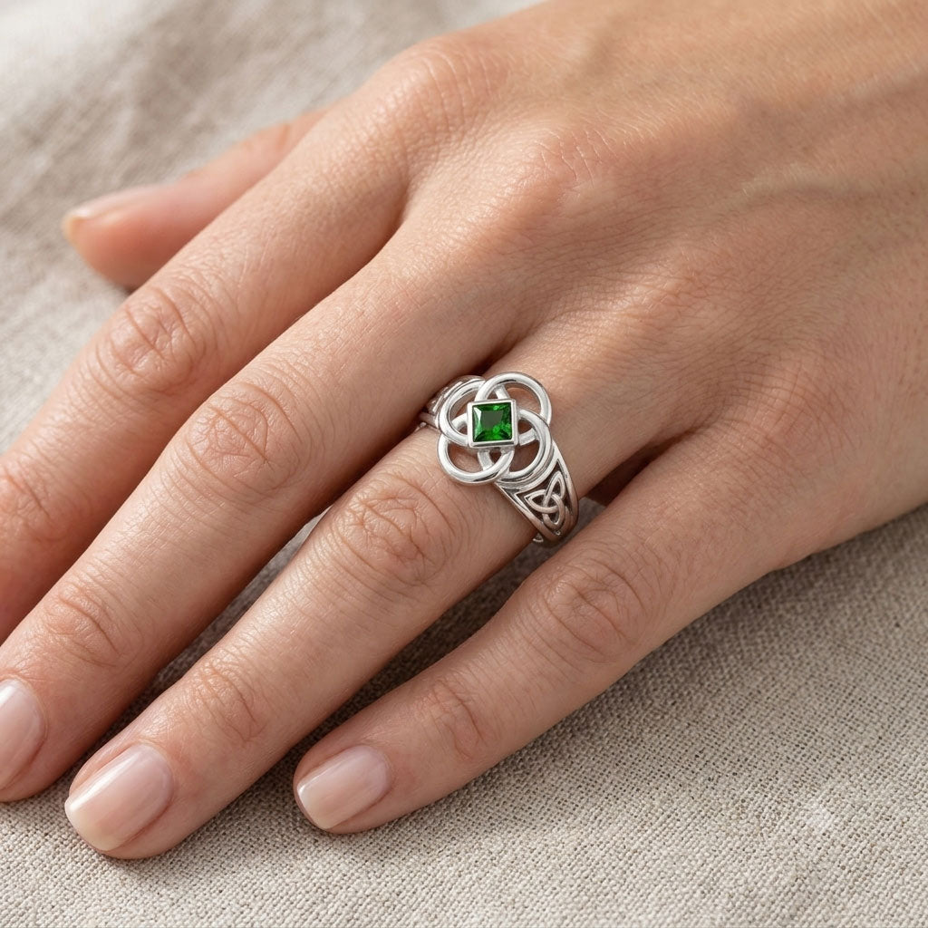Celtic Flower with Square Gemstone Sterling Silver Ring TRI2623