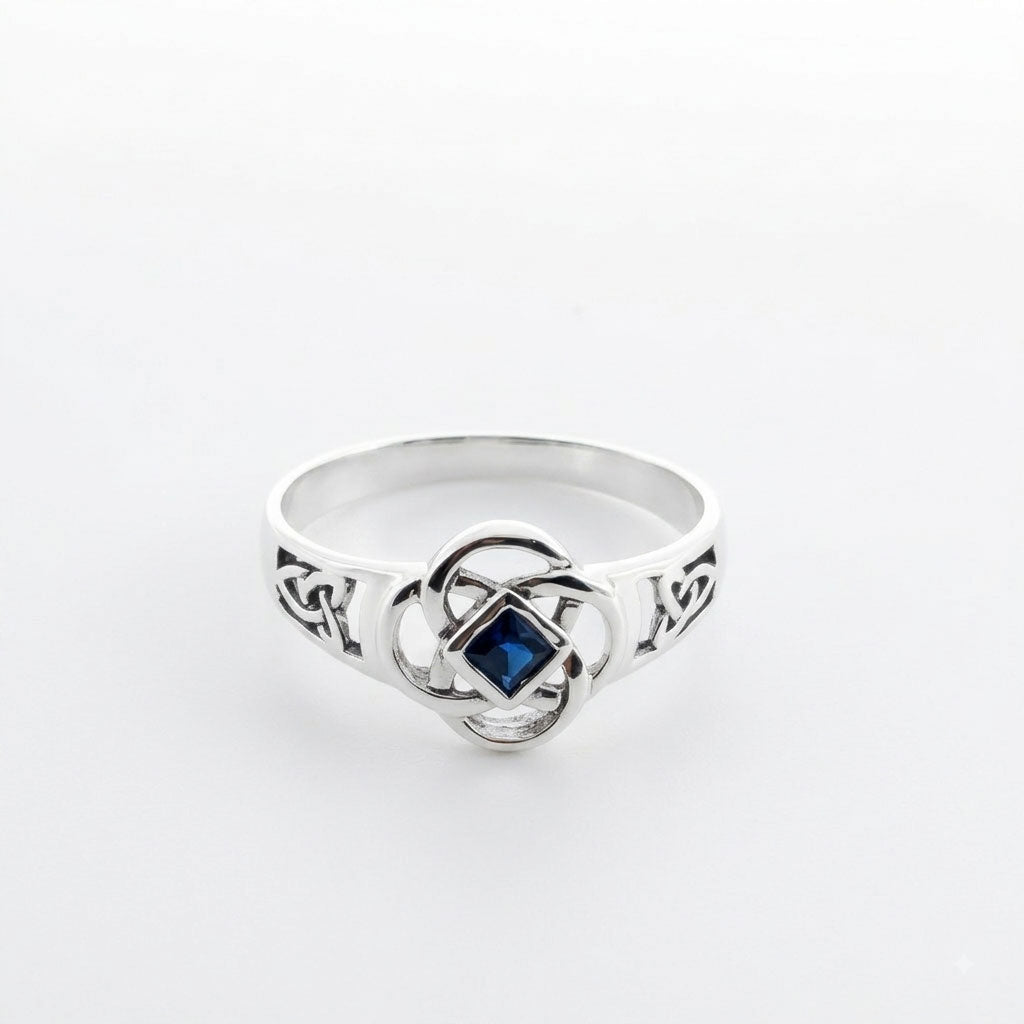 Celtic Flower with Square Gemstone Sterling Silver Ring TRI2623