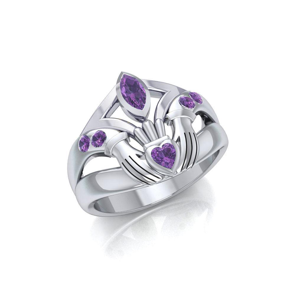 Irish Claddagh Silver Ring with Gemstones TRI274