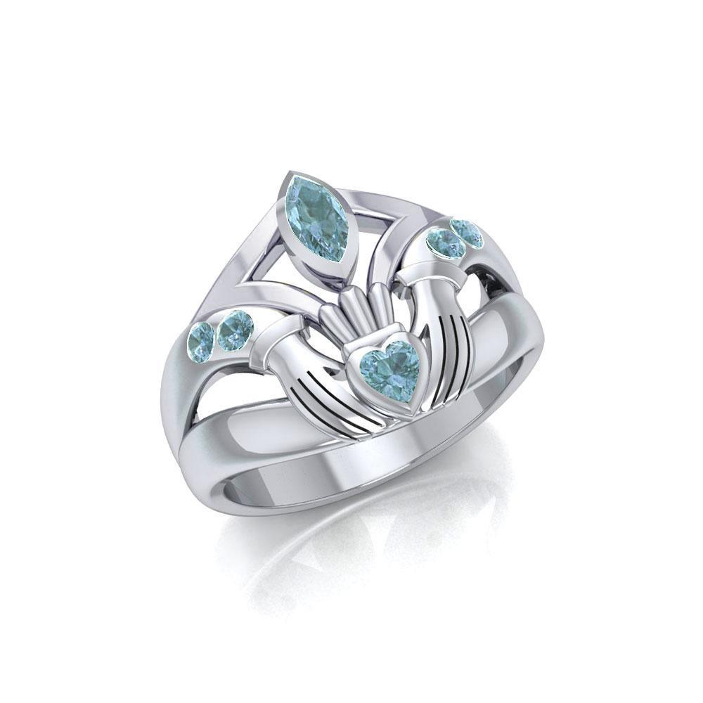 Irish Claddagh Silver Ring with Gemstones TRI274