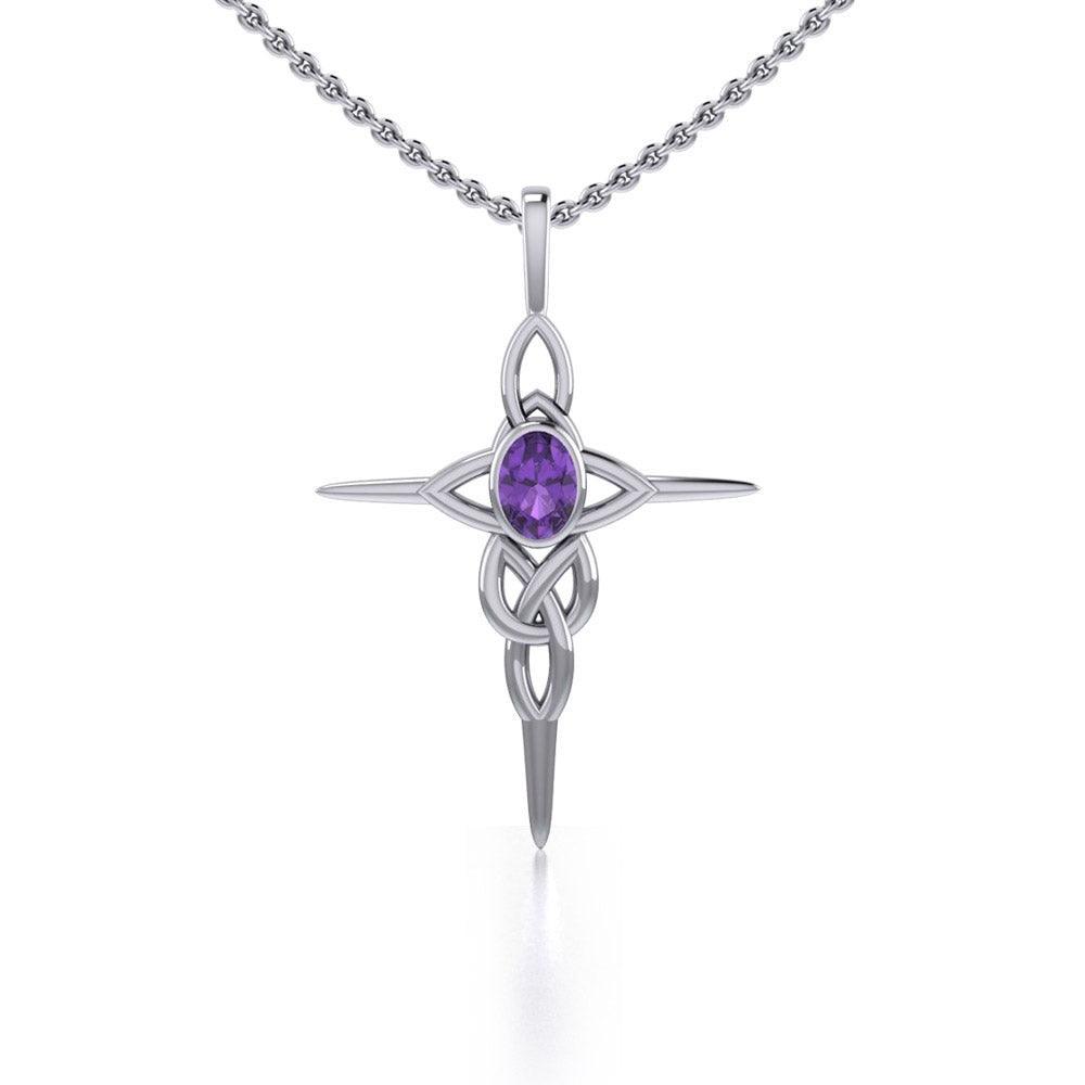 Celtic Knotwork Cross Sterling Silver Pendant with Gemstone and Chain Set TSE722