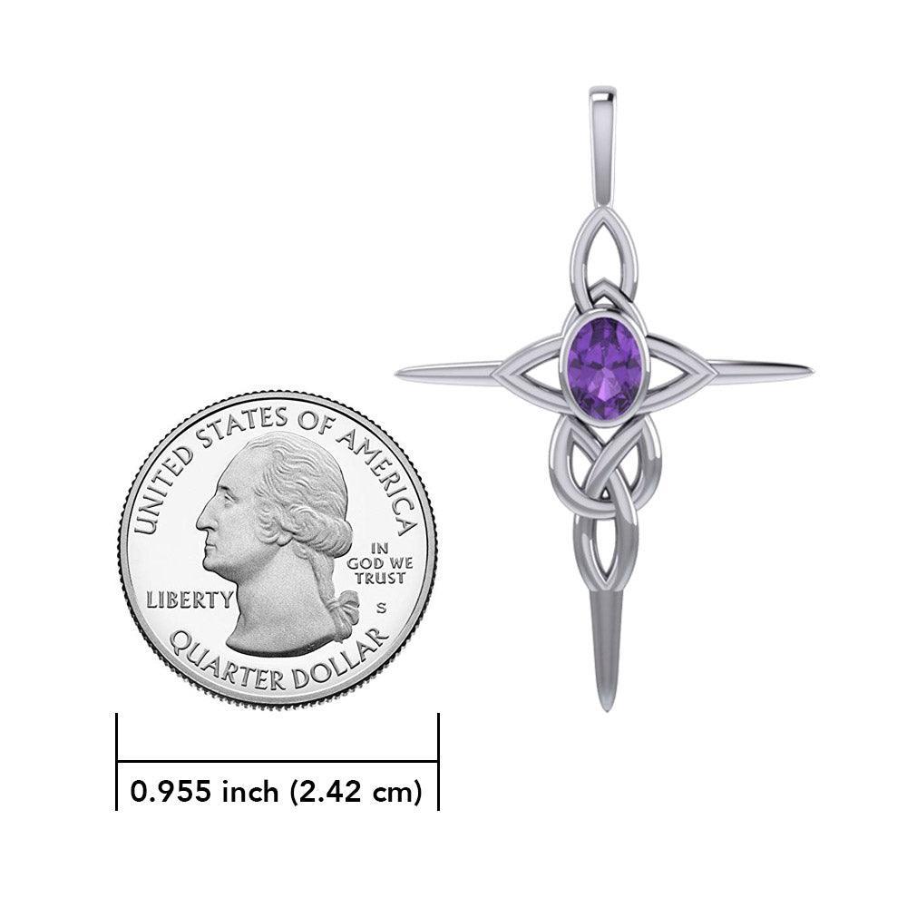 Celtic Knotwork Cross Sterling Silver Pendant with Gemstone and Chain Set TSE722