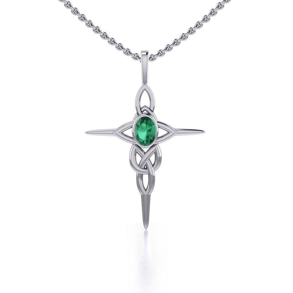 Celtic Knotwork Cross Sterling Silver Pendant with Gemstone and Chain Set TSE722