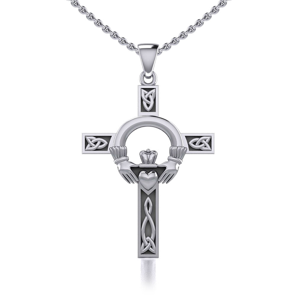 Claddagh on Celtic Knotwork Cross Silver Pendant  with Chain Set TSE725