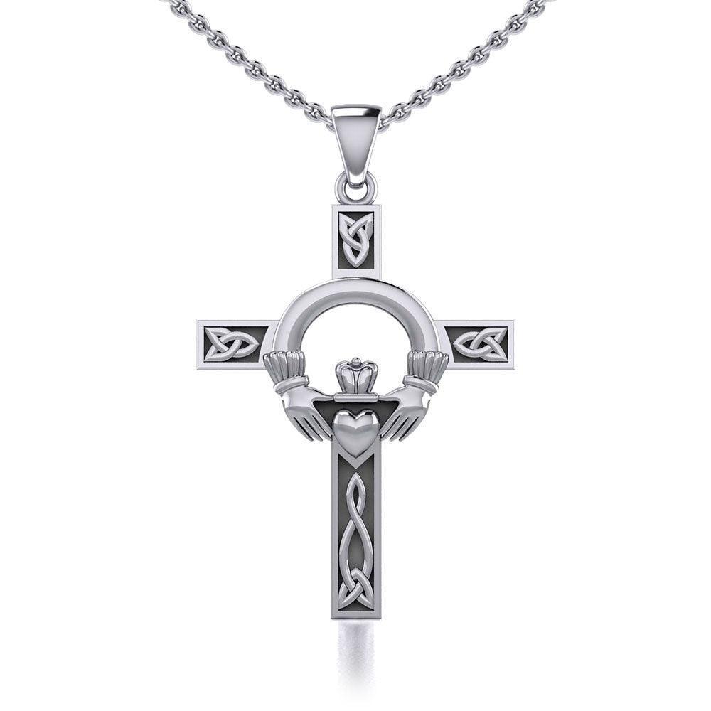 Claddagh on Celtic Knotwork Cross Silver Pendant with Chain Set TSE725