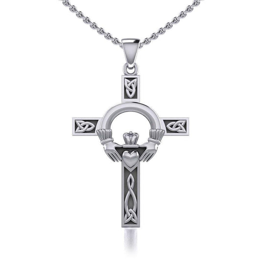 Claddagh on Celtic Knotwork Cross Silver Pendant with Chain Set TSE725