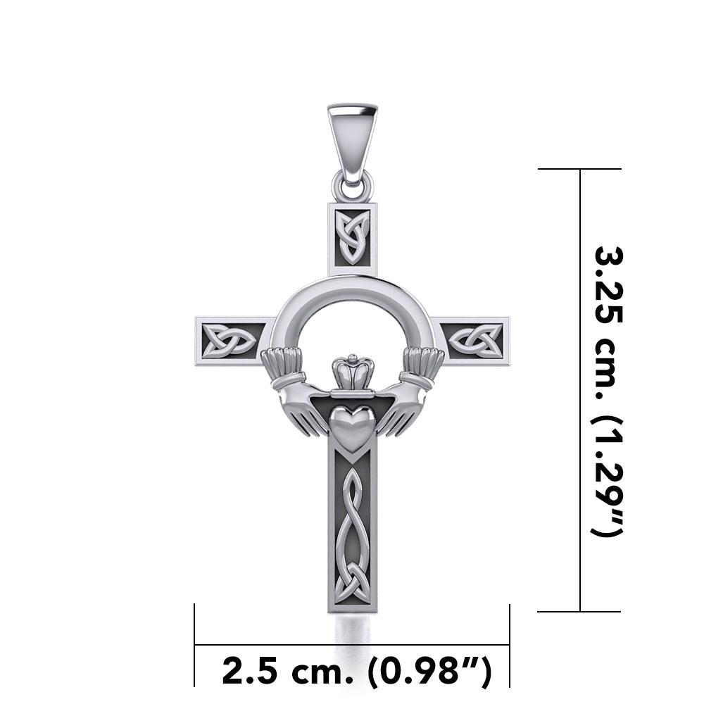 Claddagh on Celtic Knotwork Cross Silver Pendant  with Chain Set TSE725