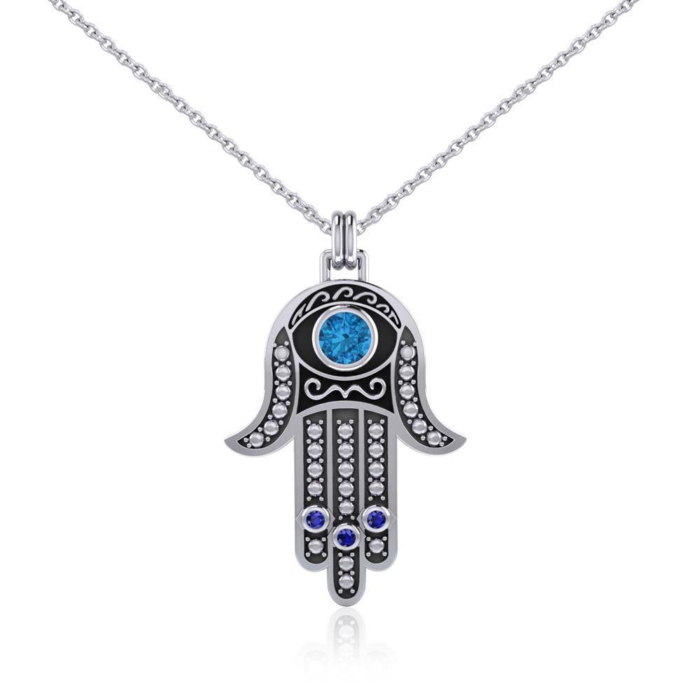Silver Hamsa with Gemstone Pendant and Chain Set TSE742