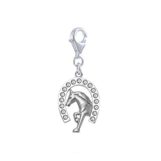 Horseshoe and Running Horse with Gems Silver Clip Charm TWC164