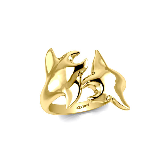 Double Manta Ray Sterling Silver with 14K Gold Vermeil Ring VRI1832