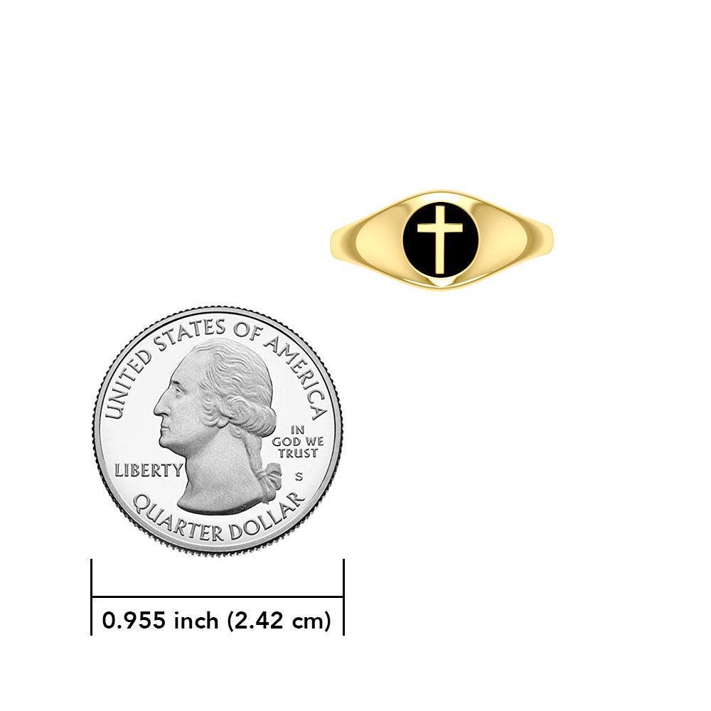 Spiritual Elegance Sterling Silver With 14K Vermeil Plate Faith Cross Women Ring with Black Accent by Peter Stone Jewelry VRI2474