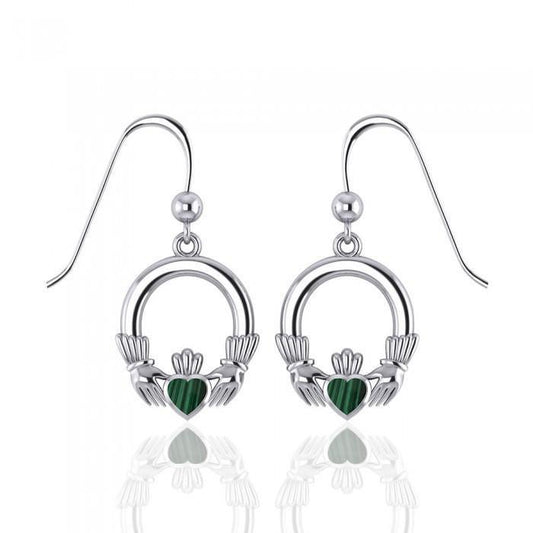 Irish Claddagh with Malachite Inlay Sterling Silver Earrings WE142