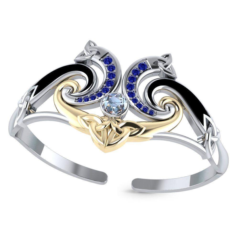 A showcase of Celtic elegance ~ Sterling Silver Celtic Triquetra Bangle with 14k Gold Accent and Gemstone MBA049