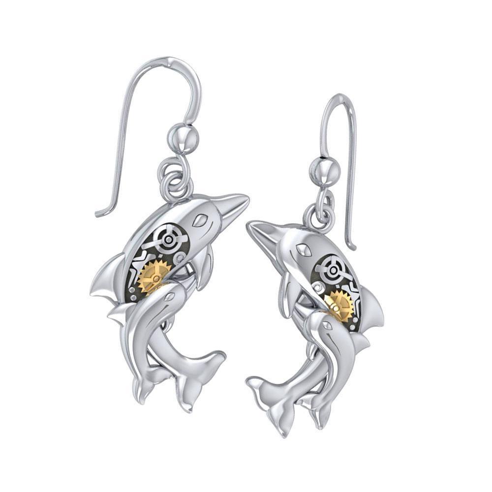 Concerted happiness with the twin dolphins ~ Sterling Silver Steampunk Hook Earrings with 14k Gold accent MER1375