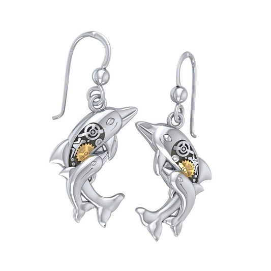 Concerted happiness with the twin dolphins ~ Sterling Silver Steampunk Hook Earrings with 14k Gold accent MER1375