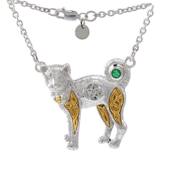 Sacred Celtic Cat Pentacle Silver and 18 Karat Gold Plate Necklace with Genuine Emerald