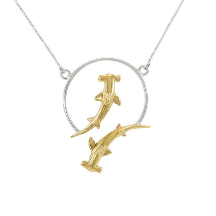 Double Hammerhead Shark Sterling Silver and Gold Accent Necklace MNC434P