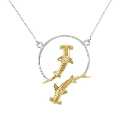 Double Hammerhead Shark Sterling Silver and Gold Accent Necklace MNC434P