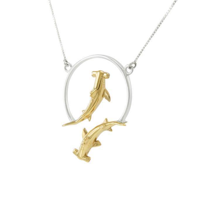 Double Hammerhead Shark Sterling Silver and Gold Accent Necklace MNC434P