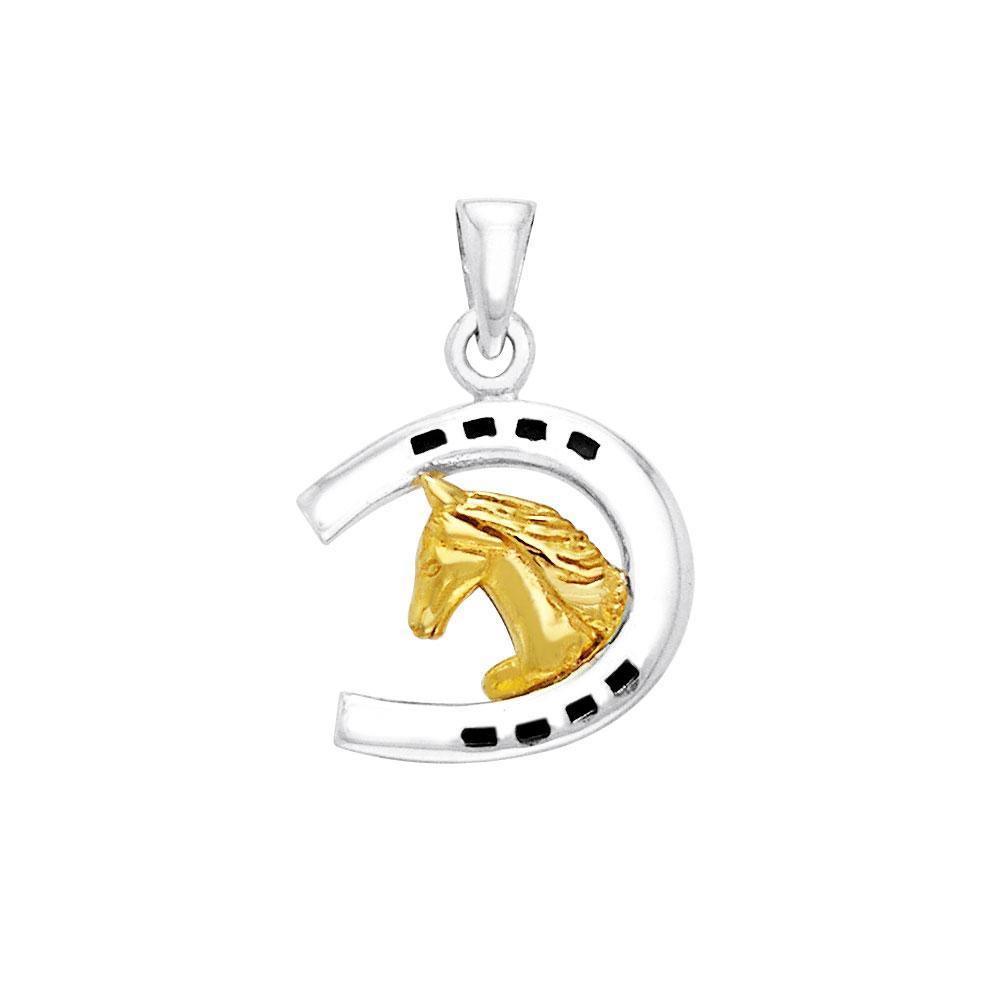 The significant symbol of the Middle Age ~ Sterling Silver Friesian Horse in Horseshoe Pendant Jewelry with 14k Gold Accent MPD2101