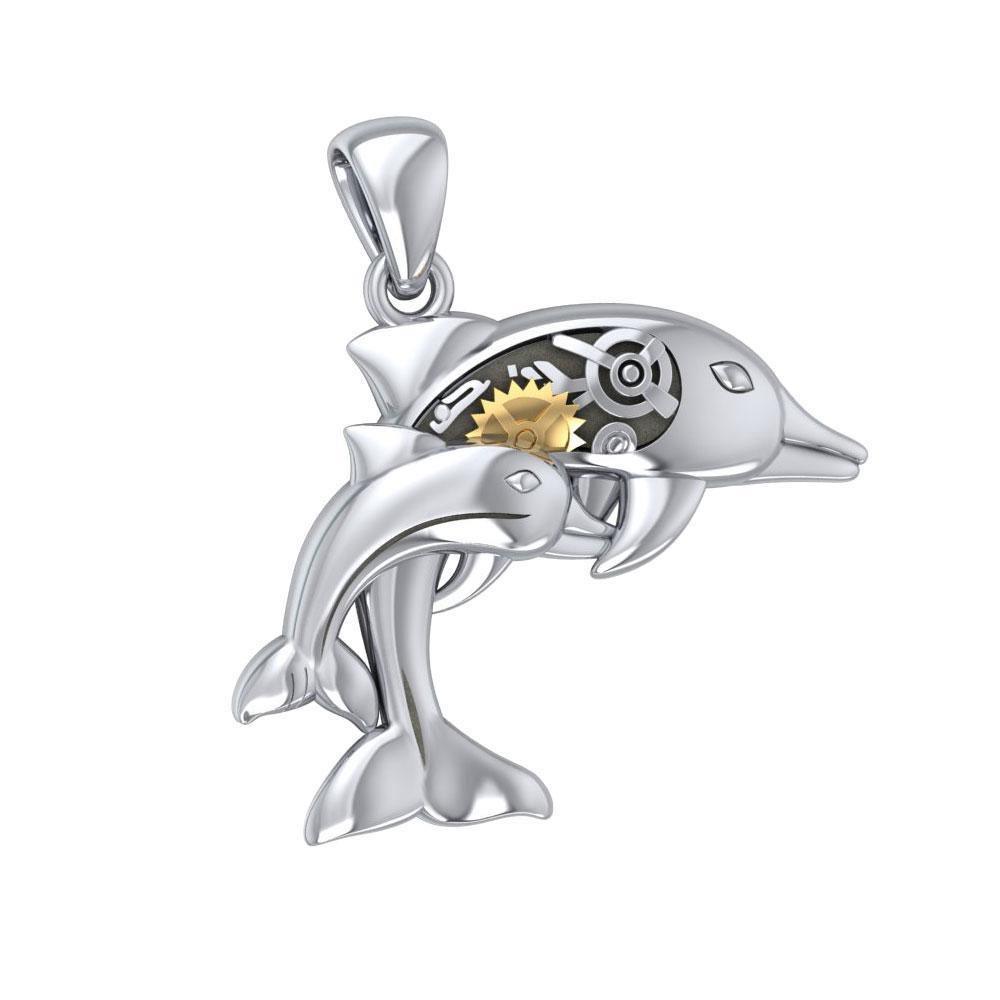 Gentle dolphins in steampunk ~ Sterling Silver Jewelry Pendant with 14k Gold Accent MPD3929