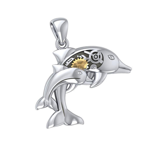 Gentle dolphins in steampunk ~ Sterling Silver Jewelry Pendant with 14k Gold Accent MPD3929