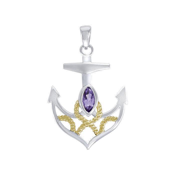 Hold on to your life's rope and anchor ~ Sterling Silver Jewelry Pendant with 14k Gold accent MPD4049