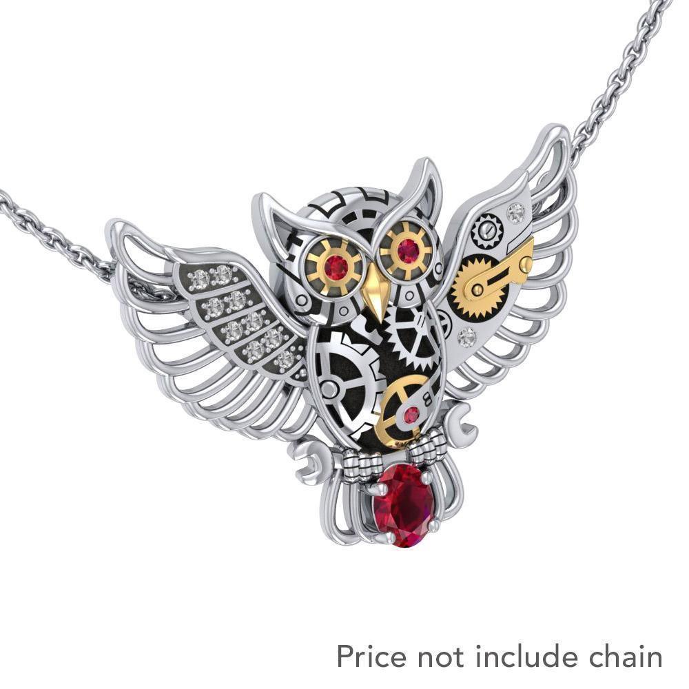Steampunk Owl Silver and Gold Pendant with Gemstone MPD5070