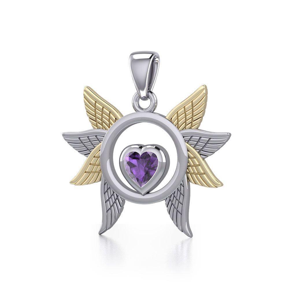 Spreading Angel Wings Silver and 14K Gold Plate Pendant with Gemstone MPD5289
