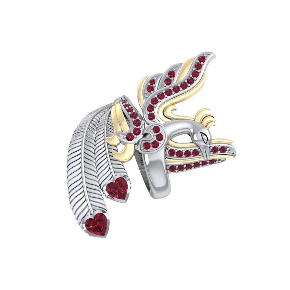 Mythical Phoenix arise! ~ Sterling Silver Jewelry Ring with 14k Gold and Gemstone Accents MRI1741