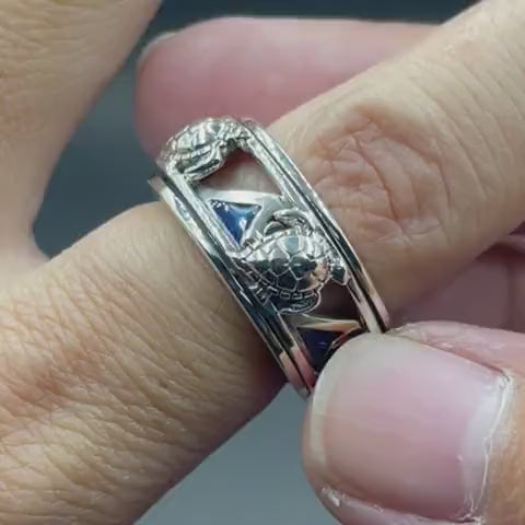 Sea Turtle and Blue Enamel Wave Silver Spinner Ring TRI2447