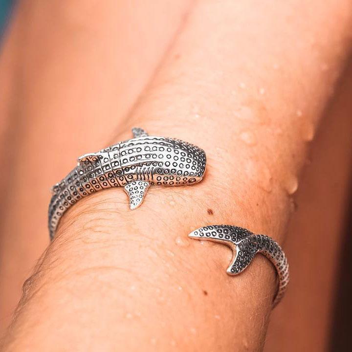 Gentle giants in benign grace ~ Sterling Silver Whale Shark Cuff Bracelet TBA188