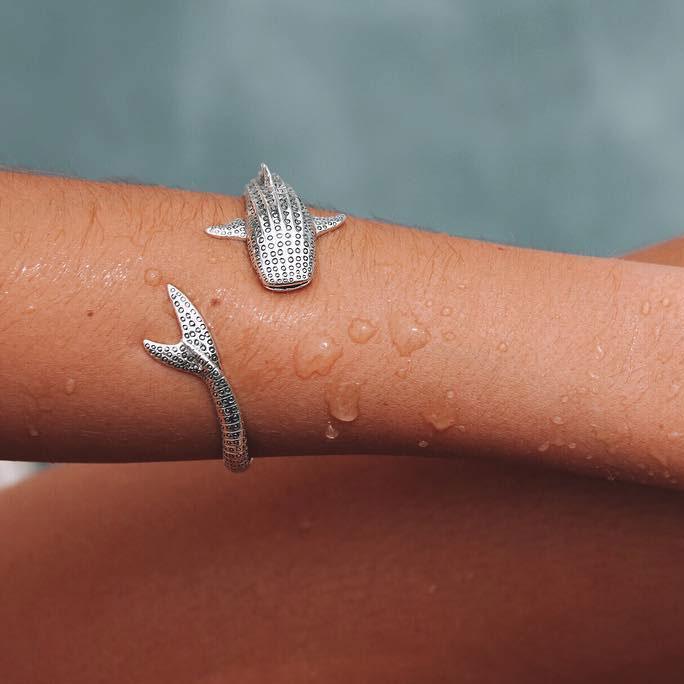 Gentle giants in benign grace ~ Sterling Silver Whale Shark Cuff Bracelet TBA188