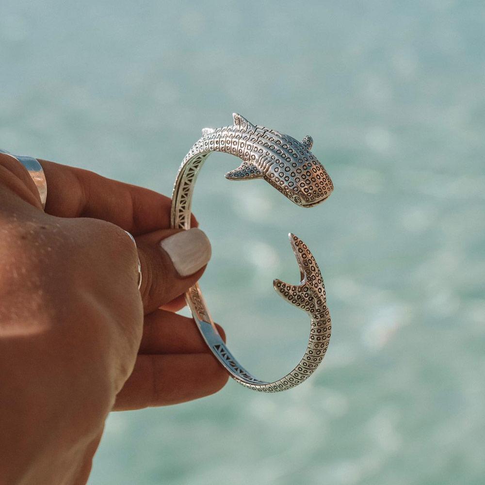 Gentle giants in benign grace ~ Sterling Silver Whale Shark Cuff Bracelet TBA188