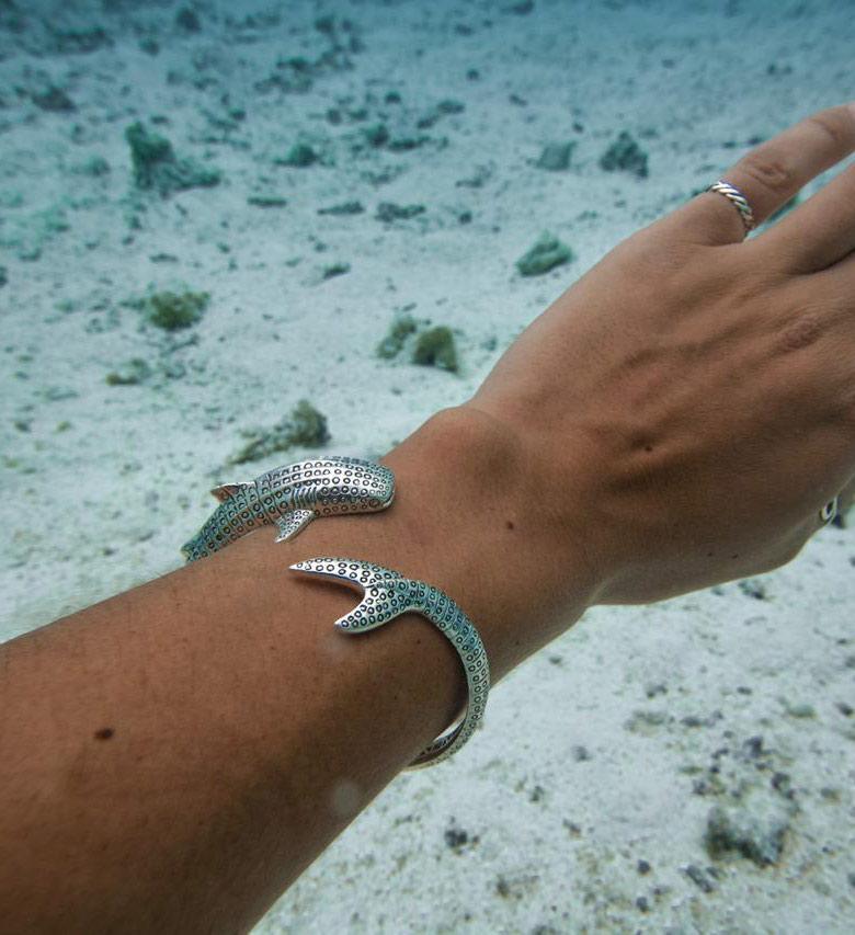 Gentle giants in benign grace ~ Sterling Silver Whale Shark Cuff Bracelet TBA188
