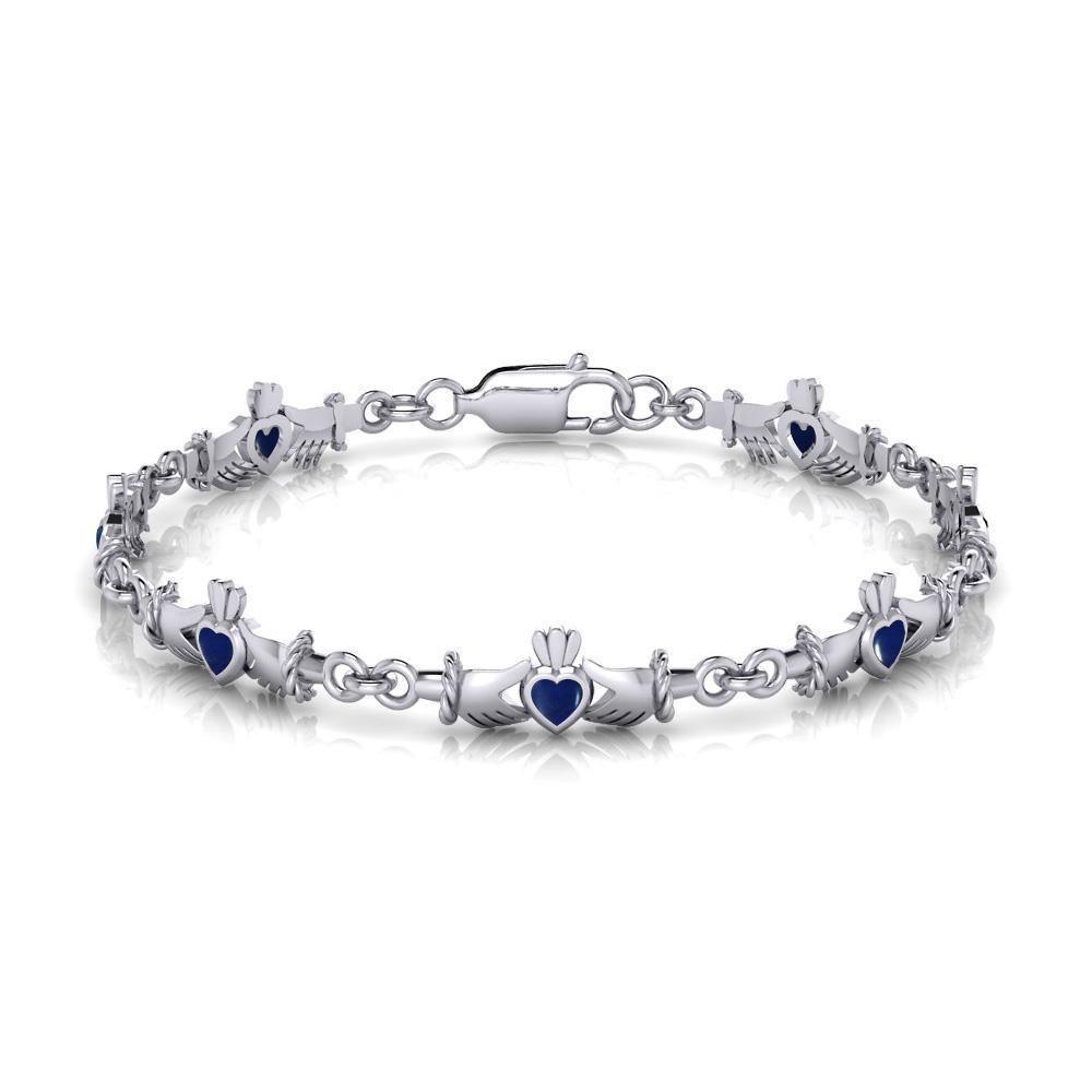 The gift of love, friendship, and loyalty for a lifetime ~ Celtic Knotwork Irish Claddagh Sterling Silver Link Bracelet with Gemstone TBG255