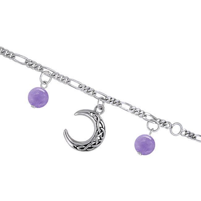 Look above the moon so bright ~ Celtic Knotwork Crescent Moon Sterling Silver Bracelet with Gemstone TBL040