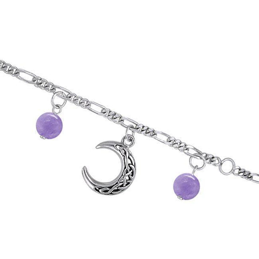 Look above the moon so bright ~ Celtic Knotwork Crescent Moon Sterling Silver Bracelet with Gemstone TBL040