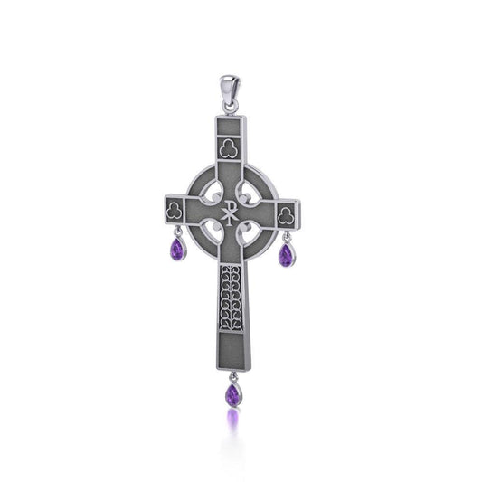 Medieval Celtic Cross Silver Pendant with Gemstones TP3257
