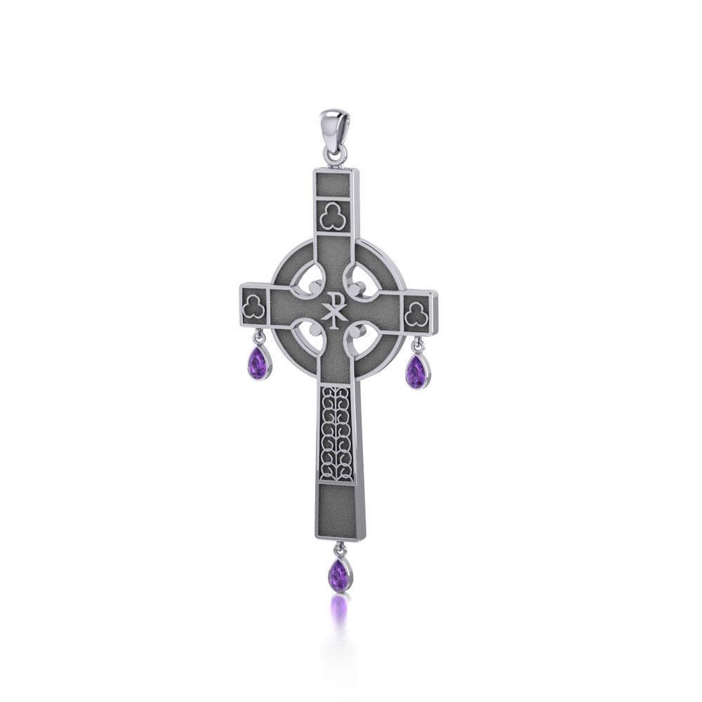 Medieval Celtic Cross Silver Pendant with Gemstones TP3257