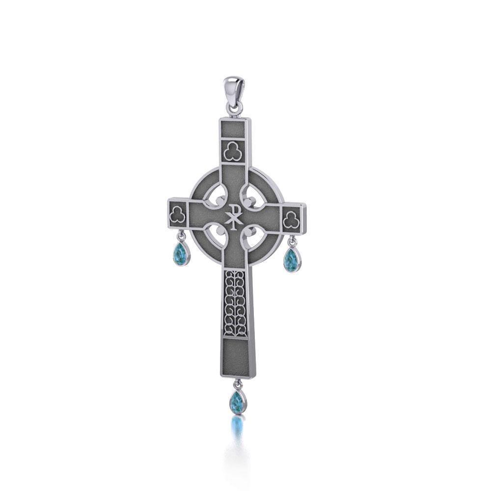 Medieval Celtic Cross Silver Pendant with Gemstones TP3257