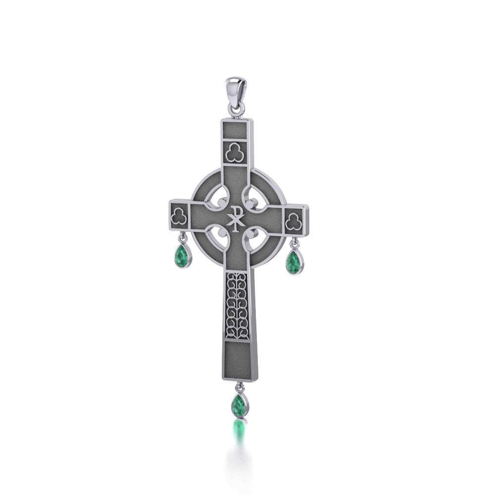 Medieval Celtic Cross Silver Pendant with Gemstones TP3257