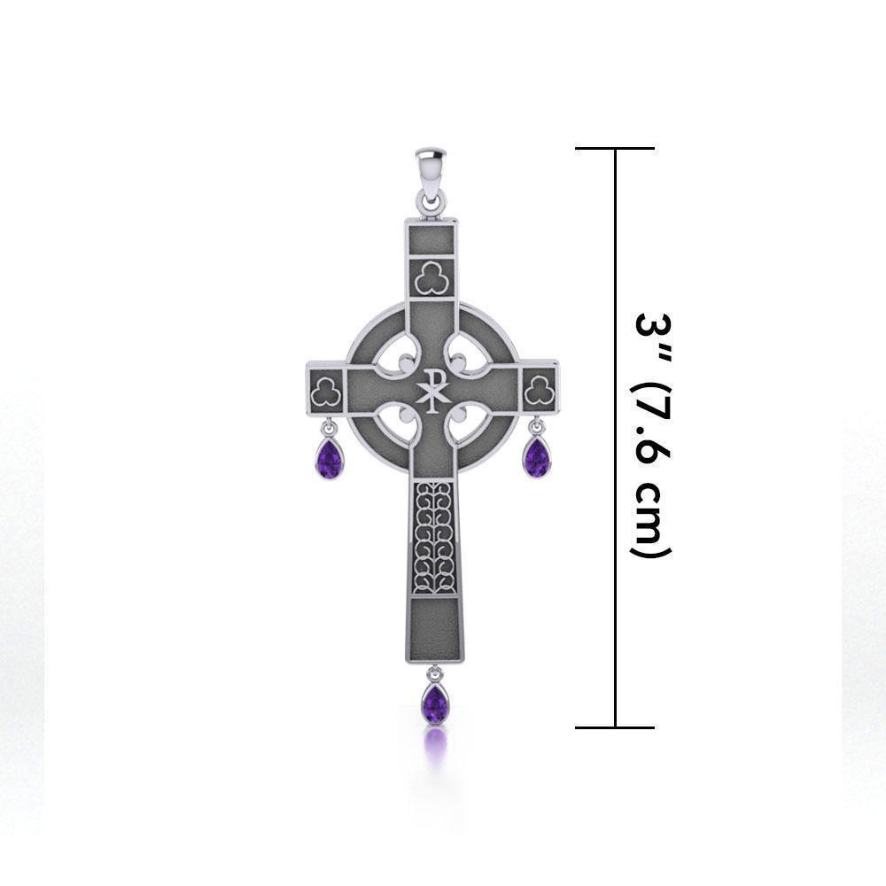 Medieval Celtic Cross Silver Pendant with Gemstones TP3257