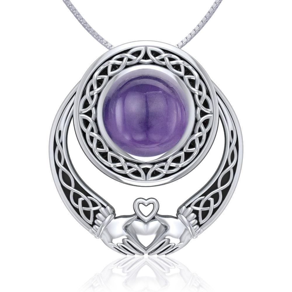A unique love of eternity and grace ~ Celtic Knotwork Claddagh Sterling Silver Pendant Jewelry with Gemstone TPD220