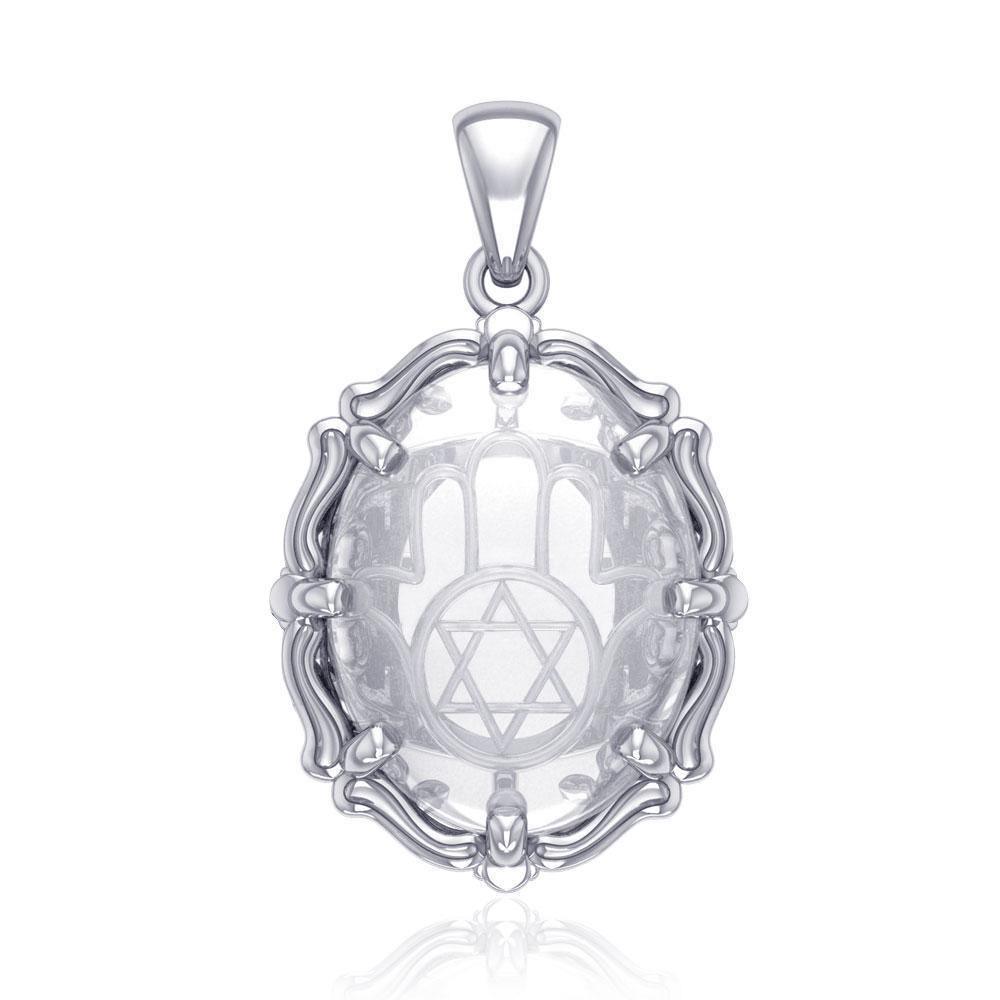 Hamsa Hand and Star of David Sterling Silver Pendant with Genuine White Quartz TPD5128