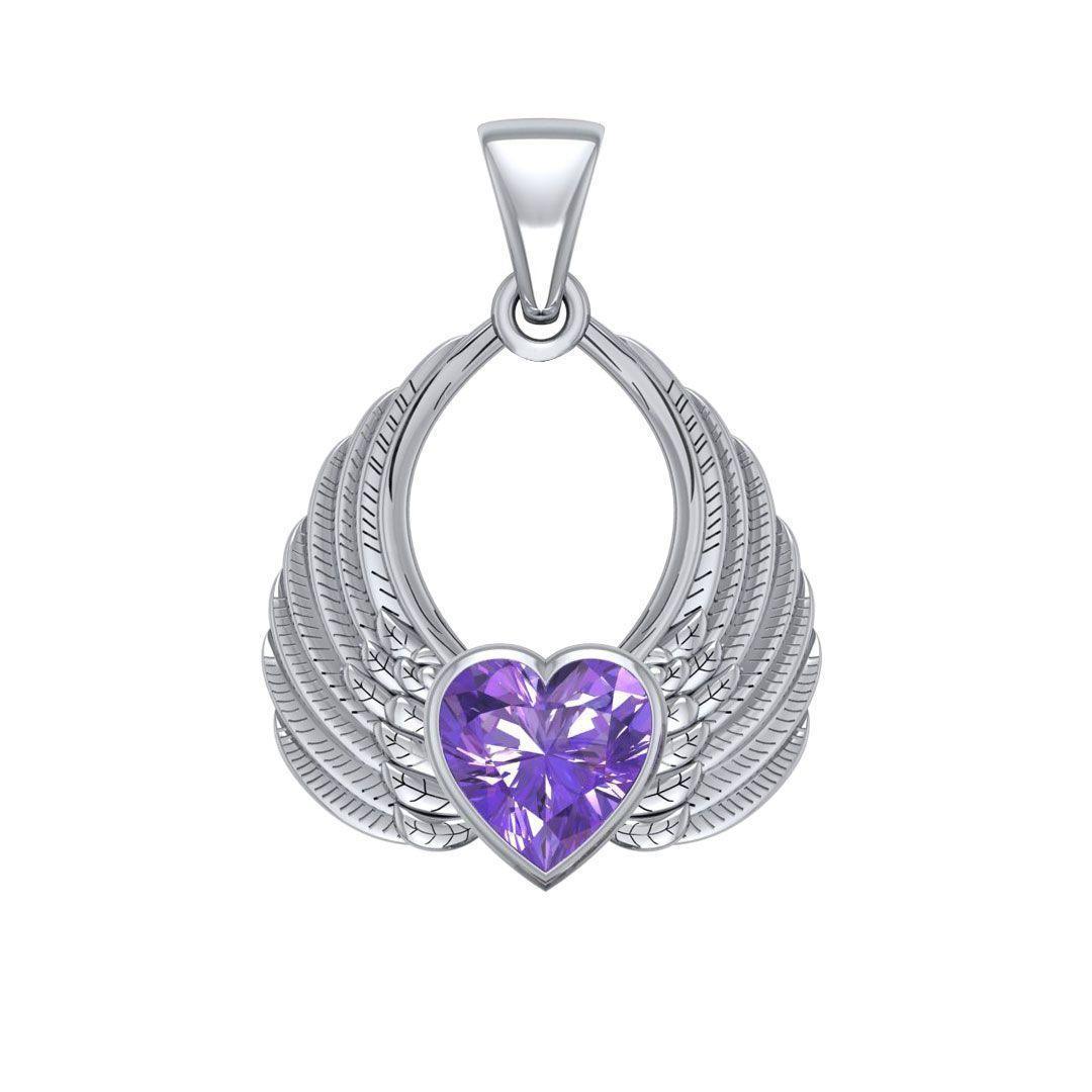 Gemstone Heart Angel Wings Silver Pendant TPD5169